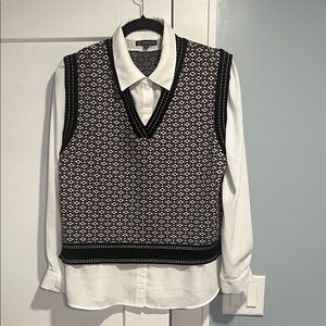 Adrianna Papell Black & White Patterned Knit Vest with White Collar